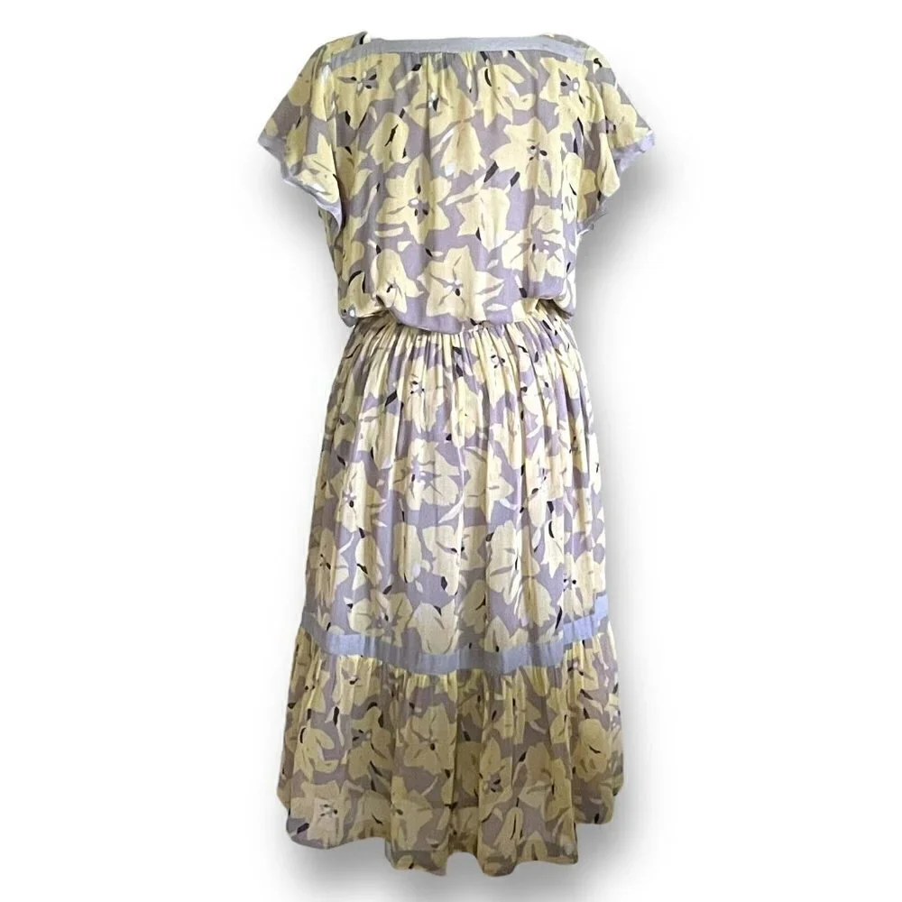 Vintage 80s Womens Midi Dress Sz M Gray Yellow Floral Boho Blouson Cotton Gauze - Picture 8 of 11